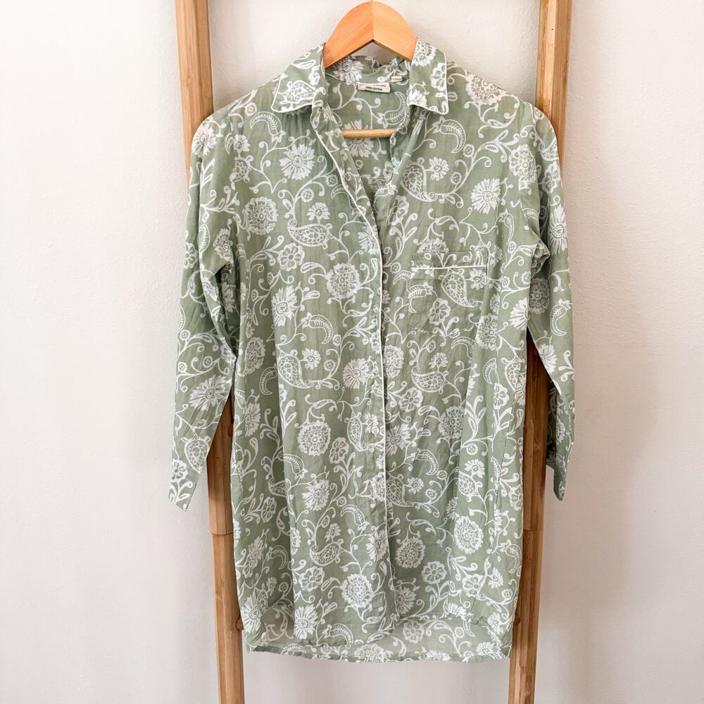 Julia Amory Husband Shirt XS Green White Floral Cotton Voile Button Down Tunic